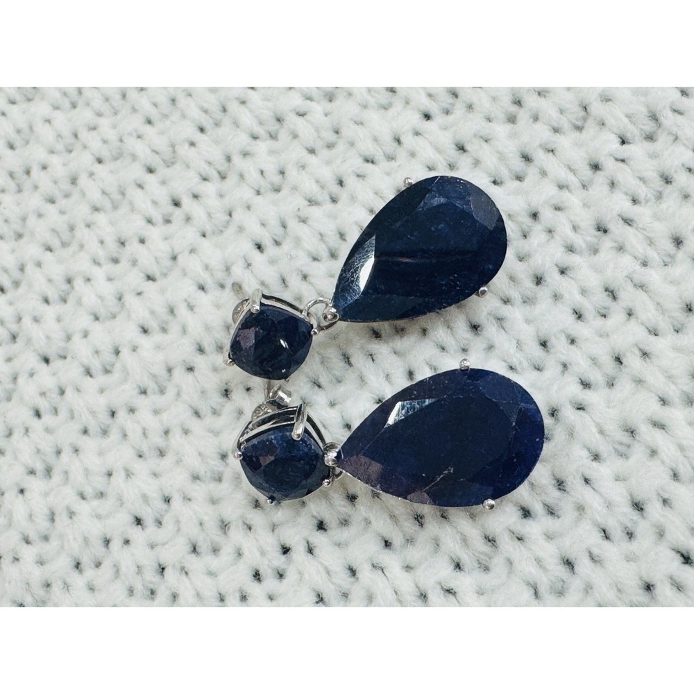 DSMK 925 Sterling Silver Faceted Blue Sapphire Teardrop Dangle Earrings